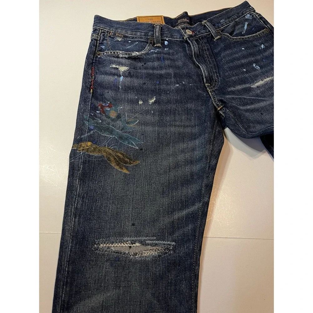 Polo Ralph Lauren Astor Slim Boyfriend Jeans Womens Size 28 Blue Crane Motif NWT - Picture 9 of 11
